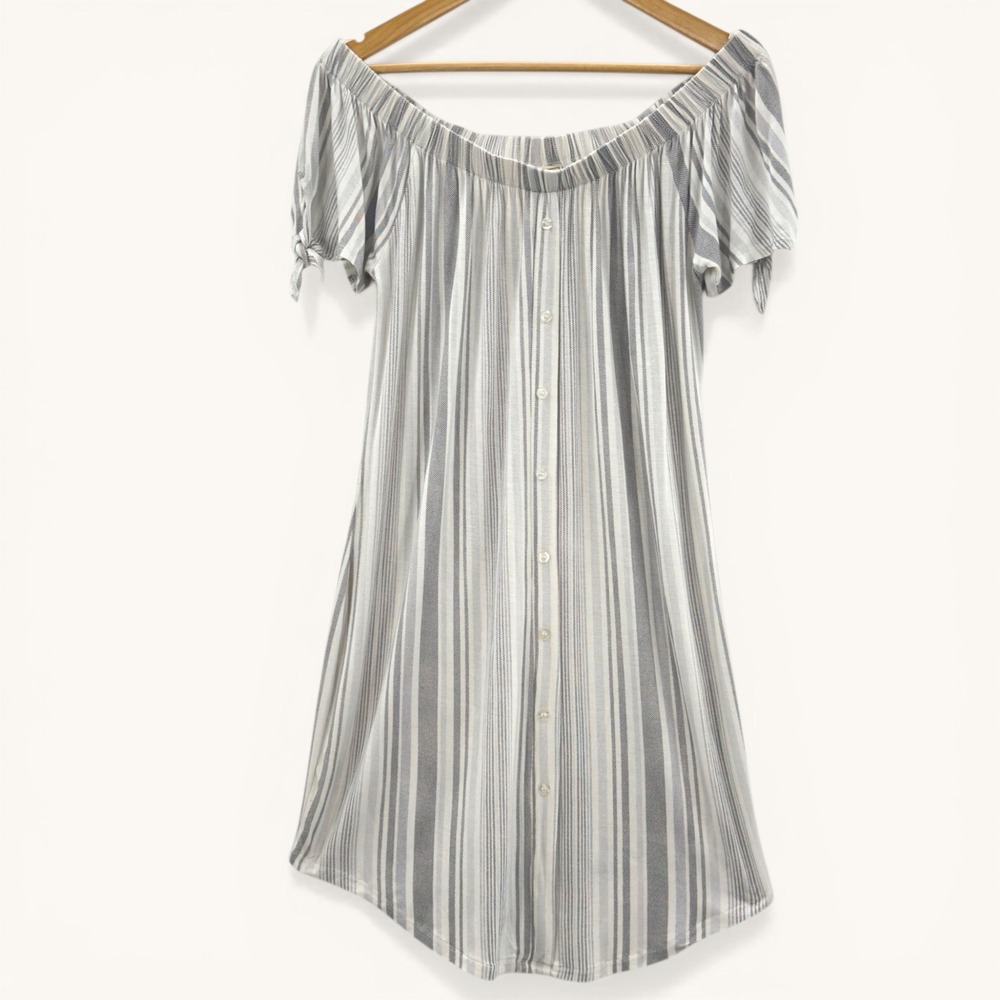 No Comment Off Shoulder‎ Striped Dress Large White Gray Tie Sleeve NWT Coastal